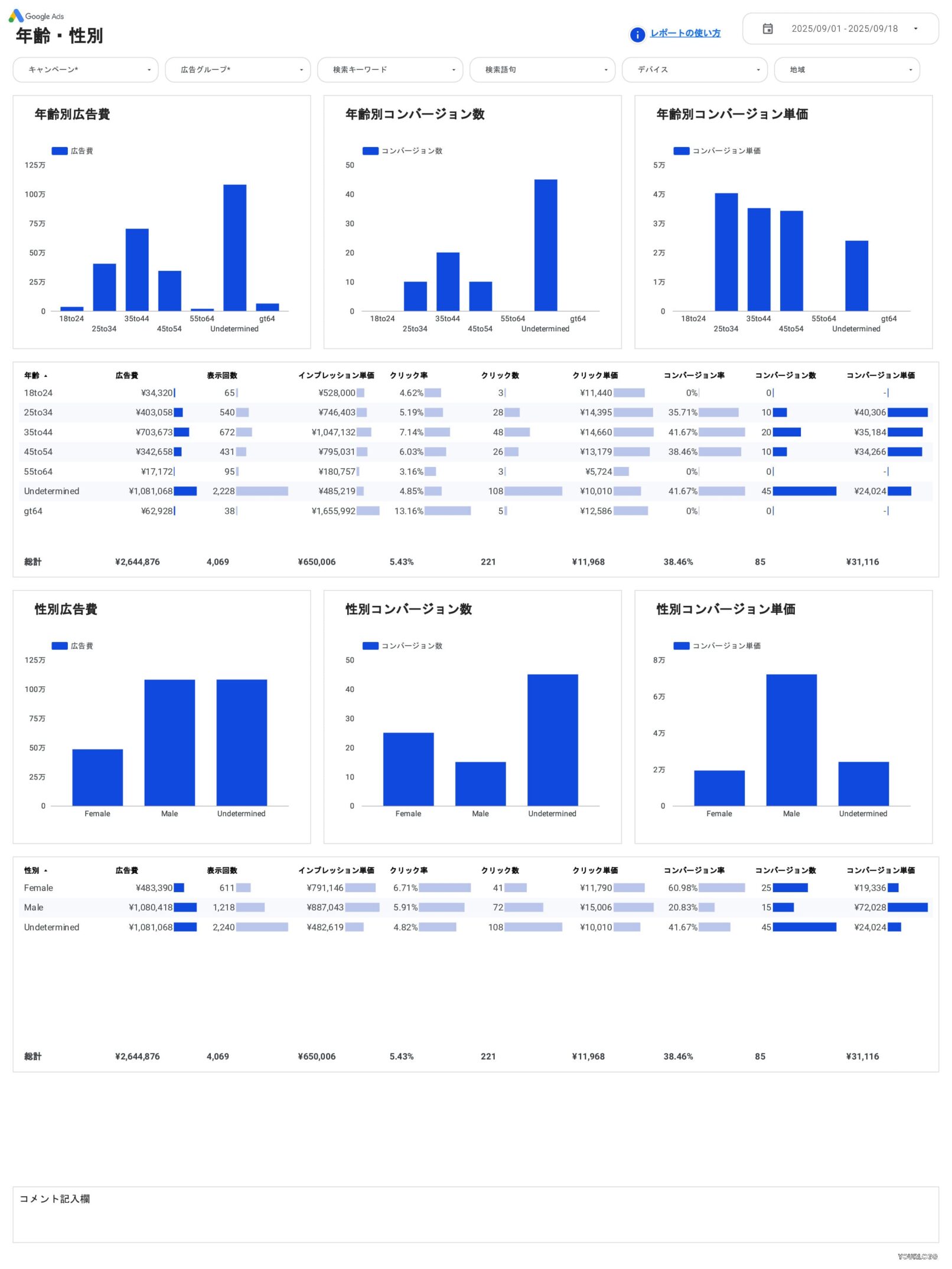 [4018] Google広告レポートテンプレート（縦型）の年齢・性別